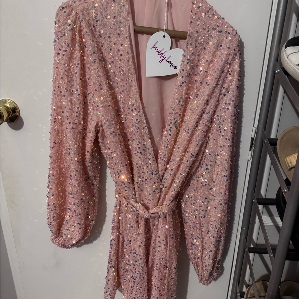 Buddylove Adeline pink sequin mini wrap dress